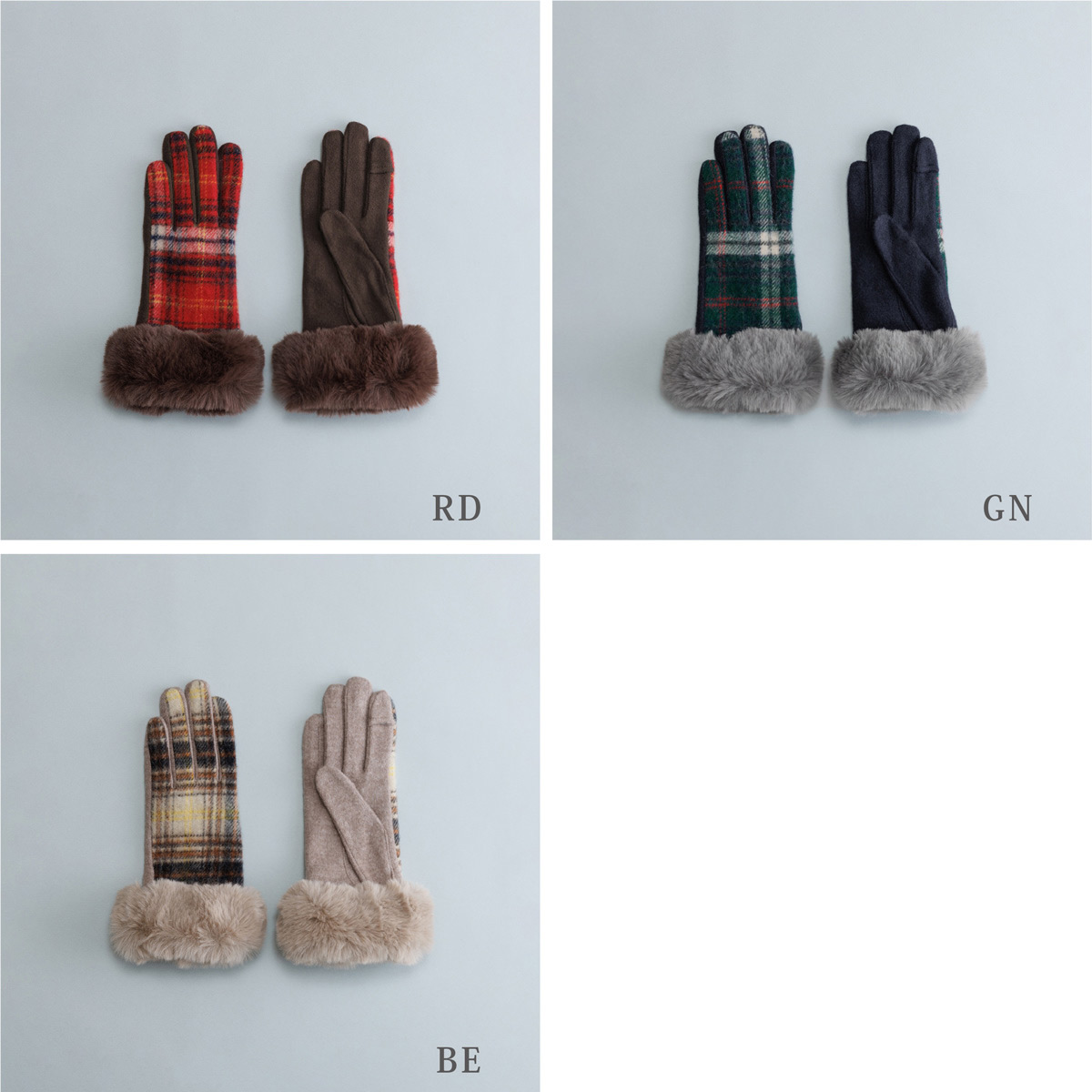 KURODA クロダ 女性用 タータンチェック フェイクファー ジャージグローブ タッチパネル対応 〔手囲いサイズ：21～22cm〕 手袋 RD