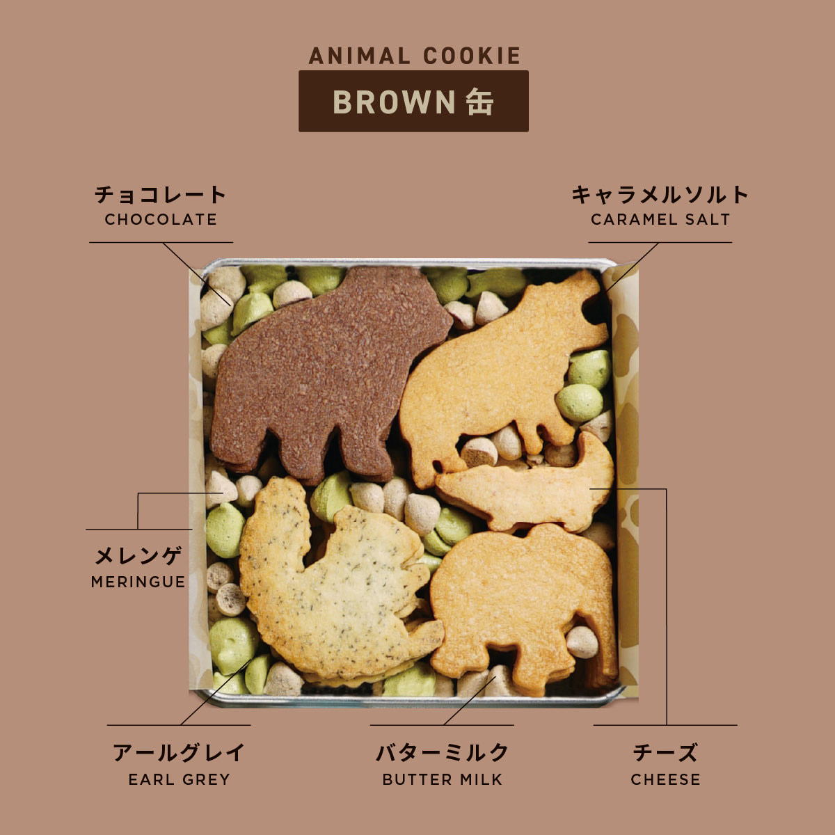 TABLES アニマルクッキー 陸の動物 BROWN缶 〔220g(ゾウ・クマ・リス・カバ・ワニ各6、メレンゲ菓子)〕 クッキー