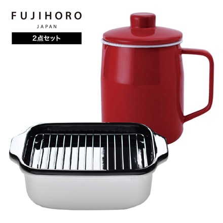 富士ホーロー 鍋とオイルポット2点セット 天ぷら鍋 (角型天ぷら鍋) & オイルポット (1.0L) TP-20K-W OP-10L IH対応 ガス火対応 バット付き　レッド