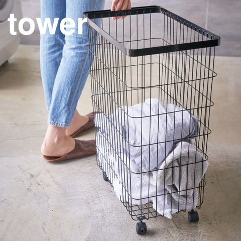 山崎実業 公式 tower ランドリーバスケット キャスター付き タワー ブラック 4777