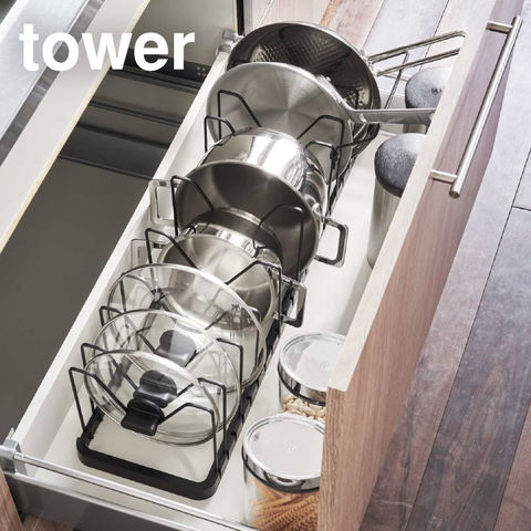 山崎実業 公式 tower シンク下 伸縮鍋蓋＆フライパンスタンド タワー シンク下収納 ブラック 3841