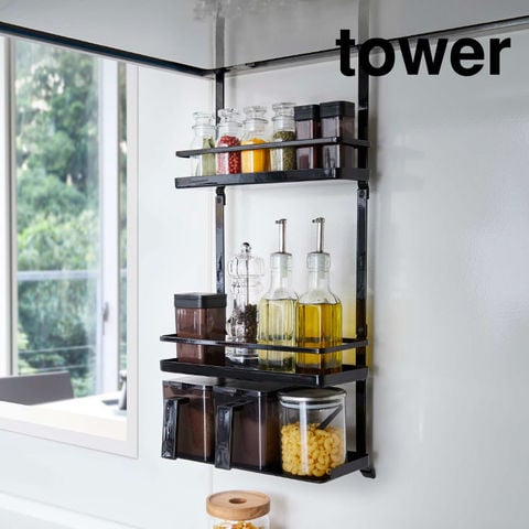 山崎実業 公式 tower レンジフード調味料ラック ３段 タワー ブラック 4837