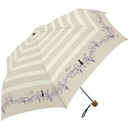 ブラックコーティング 晴雨兼用 50cm テキスタイル 折りたたみ傘 ボーダーと猫と音符/ベージュ