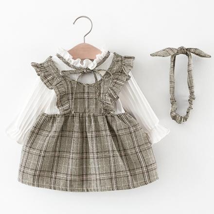 ベビードレス 長袖 ヘアバンド付き 70cm ピンクxチェック