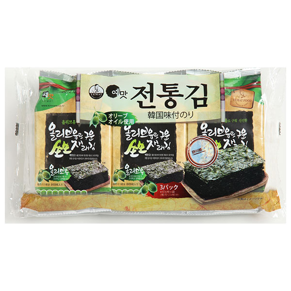 白子のり オリーブオイル韓国伝統のり 3袋詰(8切8枚)板のり3枚×12個入|一般食品 乾物 味付のり 海苔 韓国のり