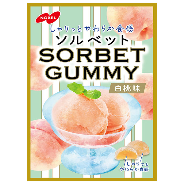 ネコポス ノーベル製菓 ソルベットグミ 白桃味 50g×6袋入| 全国お菓子 袋 グミ もも 桃 ピーチ 二層構造 シャーベット