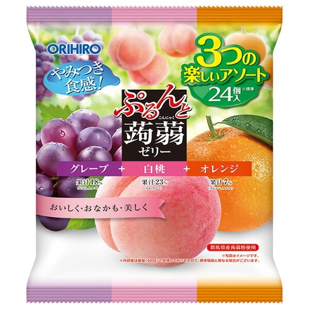 オリヒロ ぷるんと蒟蒻ゼリー グレープ+白桃+オレンジ 24個入×12袋入|お菓子 こんにゃくゼリー ダイエット アソート グレープ 白桃 オレンジ 3種類