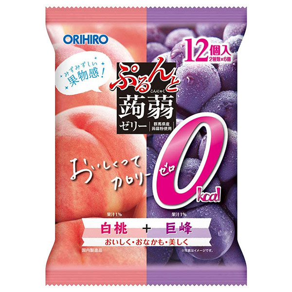 オリヒロ ぷるんと蒟蒻ゼリーカロリーゼロ 白桃+巨峰 18gパウチ×12個×12袋入|お菓子 こんにゃくゼリー ダイエット
