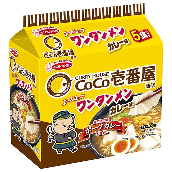 エースコック (袋)ワンタンメン CoCo壱番屋監修 カレー味 5食パック×6個入|ラーメン 袋麺 インスタント麺 即席 ココイチ