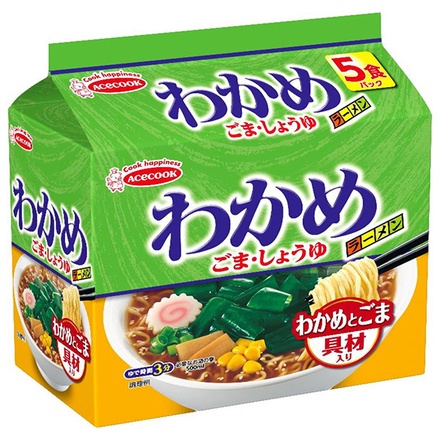 エースコック (袋)わかめラーメン ごま・しょうゆ 5食パック×6個入|ラーメン 袋麺 インスタント麺 即席 醤油 胡麻 わかめ