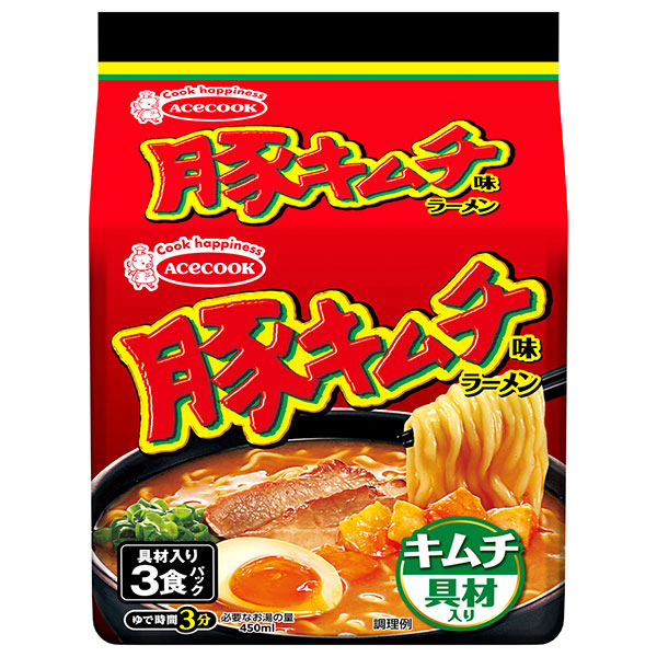 エースコック 豚キムチ味ラーメン 3食パック×9個入|具材入り 袋麺 インスタント麺 即席 豚 キムチ