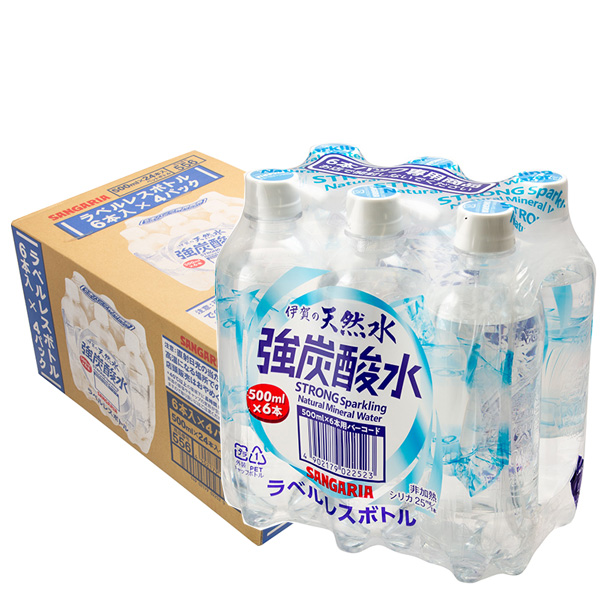 サンガリア 伊賀の天然水 強炭酸水 ラベルレス(6本パック) 500mlペットボトル×24(6×4)本入×(2ケース)|炭酸飲料 炭酸水 ソーダ 割り材 PET 強炭酸