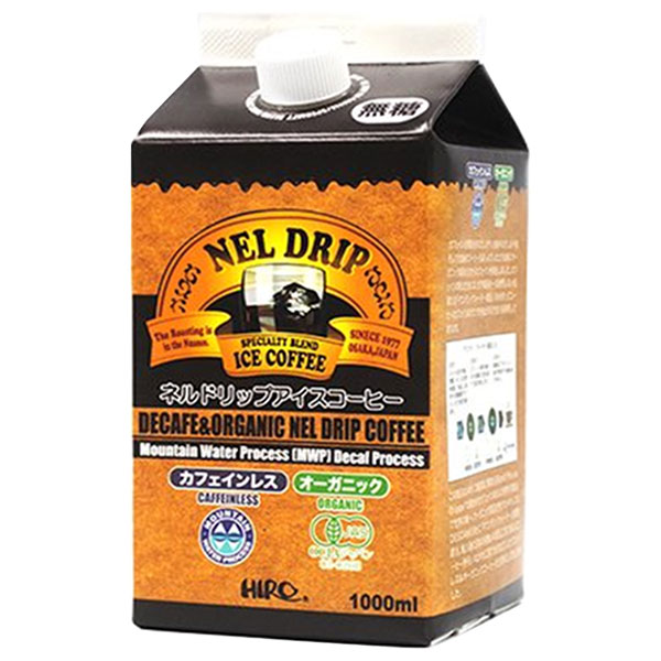 ヒロコーヒー カフェインレスオーガニック ネルドリップアイスコーヒー 1000ml紙パック×12本入|アイスコーヒー 有機 珈琲 JAS コーヒー