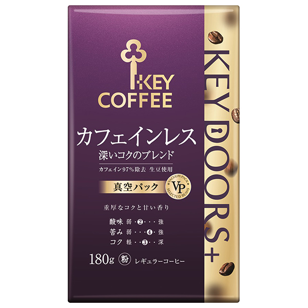 キーコーヒー VP(真空パック) KEY DOORS+ カフェインレス 深いコクのブレンド(粉) 180g×6袋入×(2ケース)|レギュラーコーヒー 珈琲 粉 袋 オーガニックコーヒー