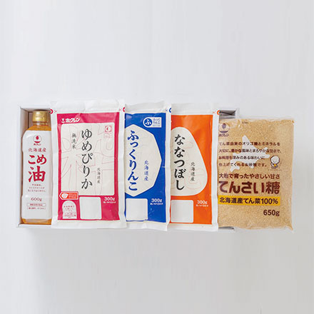 味彩 旬彩米ギフト HD-A （無洗米ゆめぴりか・無洗米ふっくりんこ・無洗米ななつぼし）/各300ｇ、こめ油、てんさい糖