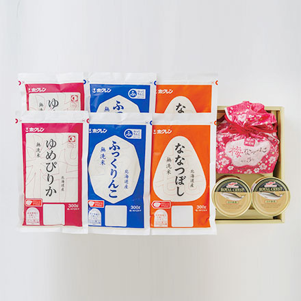 味彩 巾着袋入り紀州南高梅ギフト UN-B(無洗米ゆめぴりか・無洗米ふっくりんこ・無洗米ななつぼし)/各300ｇ×2、紀州南高梅、さけ水煮