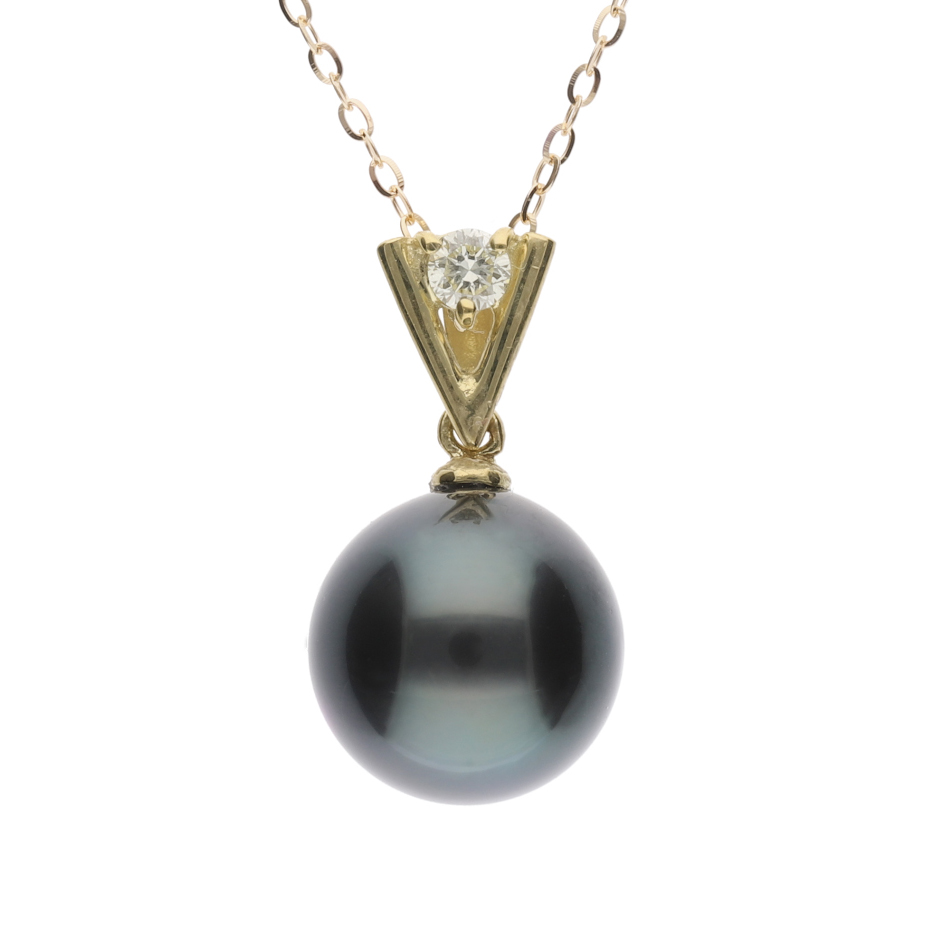 ERIS VELINA【星影】ブラックパール（黒蝶真珠・8mm・セミラウンド系）天然ダイヤモンド K18 イエローゴールド ペンダント ネックレス（トゥインクルチェーン・45cm・0.65mm）