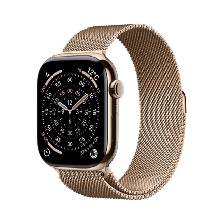 Apple Watch Series 11（GPS + Cellularモデル）- 46mmゴールドチタニウムケースとゴールドミラネーゼループ - M/L