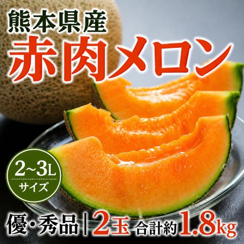 赤肉メロン （品種：クインシー 他） 熊本県産 2‐3Lサイズ 優・秀品 2玉 約1.8kg 簡易箱 ※常温