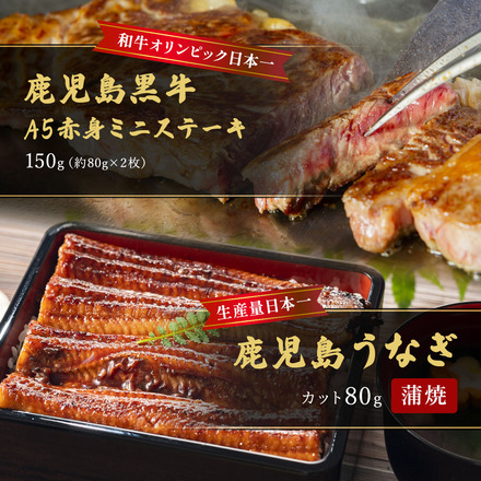 蒲焼うなぎ カット済 ※蒲焼（80g）＋ 鹿児島和牛・A5赤身 ミニステーキ 160g （約80g×2枚）