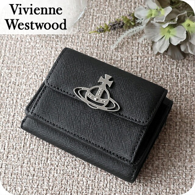 ヴィヴィアン ウエストウッド 二つ折り財布 コンパクト レディース ブランド Vivienne Westwood SAFFIANO 革 レザーウォレット 小銭入れあり ロゴ 52010013 L001N N402 BLACK ビビアン 高級 おしゃれ プレゼント 実用的