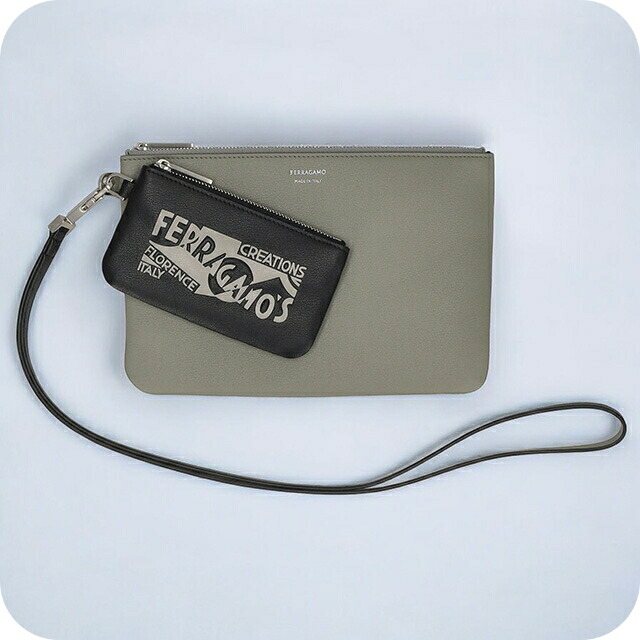 フェラガモ ポーチ メンズ レディース Ferragamo 661466CALF NE AG 776 211 グレー／ブラック 持ち歩き 小さい 小物入れ ブランド 高級 おしゃれ プレゼント 男性 実用的 かっこいい