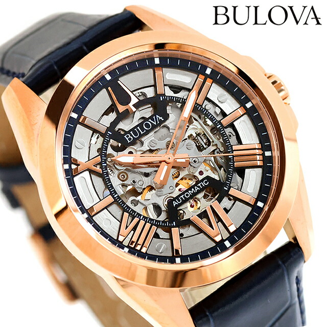 ブローバ クラシック 自動巻き 腕時計 ブランド メンズ オープンハート BULOVA 97A161 アナログ ブルー おしゃれ 防水 プレゼント 男性 実用的