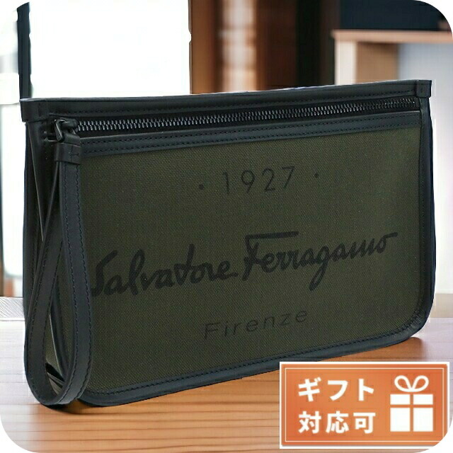 フェラガモ クラッチバッグ メンズ FERRAGAMO ポリアミド コットン ポリウレタン レザー イタリア 24-0971 グリーン系 バッグ ビジネス 軽量 小さめ ミニバッグ ブランド 高級 おしゃれ プレゼント 男性 実用的 かっこいい