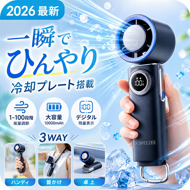 2026最新 ハンディファン 大容量 10000mAh 冷却プレート搭載 100段階 強風 静音 3WAY Type-C USB 充電式 ハンディ扇風機 手持ち扇風機 携帯扇風機 ミニ扇風機 卓上扇風機 首掛け 首かけ カラビナ 熱中症対策 HDL-3625