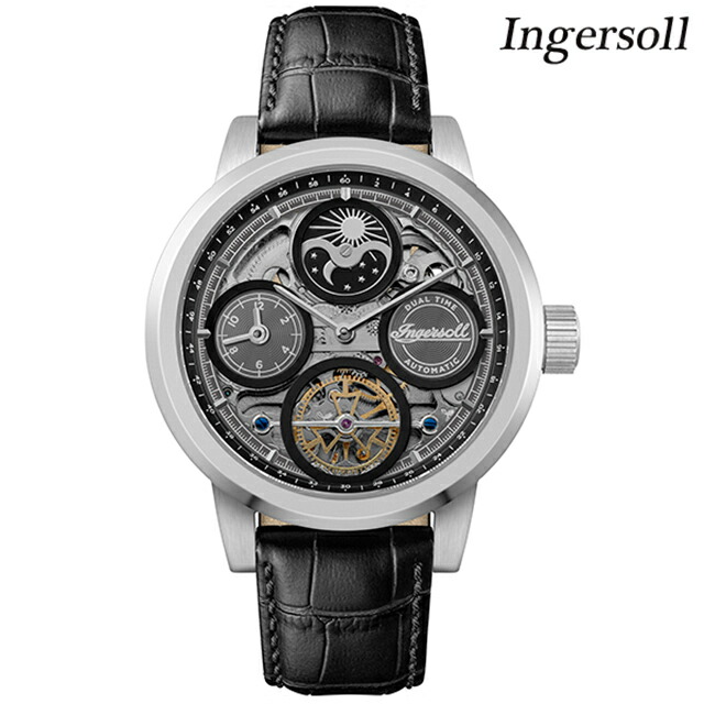 インガソール ザ アーク 自動巻き 腕時計 ブランド メンズ ムーンフェイズ オープンハート INGERSOLL I16001 アナログ ブラック スケルトン 黒 おしゃれ 防水 プレゼント 男性 実用的