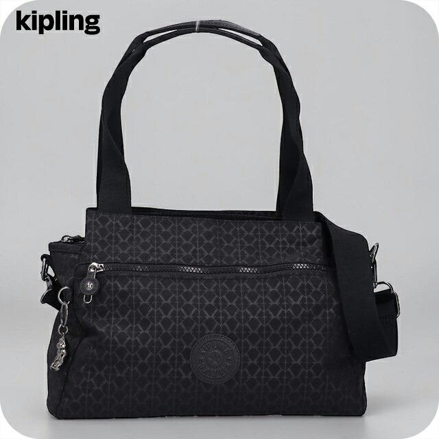 キプリング ハンドバッグ レディース ブランド Kipling エリシア ロゴ ワンポイント 総柄 2WAY K43793-K59 Signature Emb 黒 軽量 小さめ 手提げ 高級 おしゃれ プレゼント 女性 実用的 かわいい