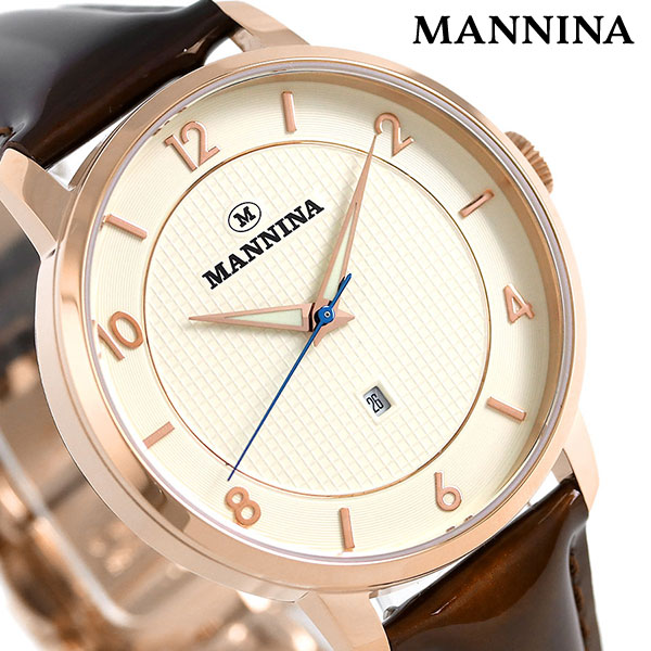 マンニーナ MANNINA メンズ 腕時計 ラウンド 38mm クオーツ 替えベルト付 MNN001-03 アイボリー ブラウン 時計 ブランド おしゃれ 防水 プレゼント 男性 実用的