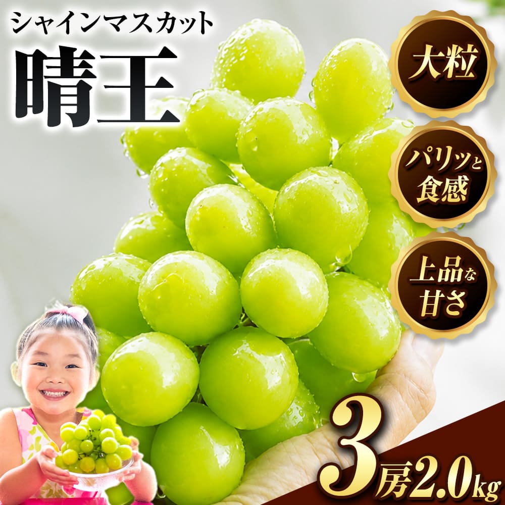【予約販売】岡山県産 晴王 シャインマスカット 約2.0kg 3房 種なし 皮ごと食べられる 9月上旬-9月下旬頃出荷