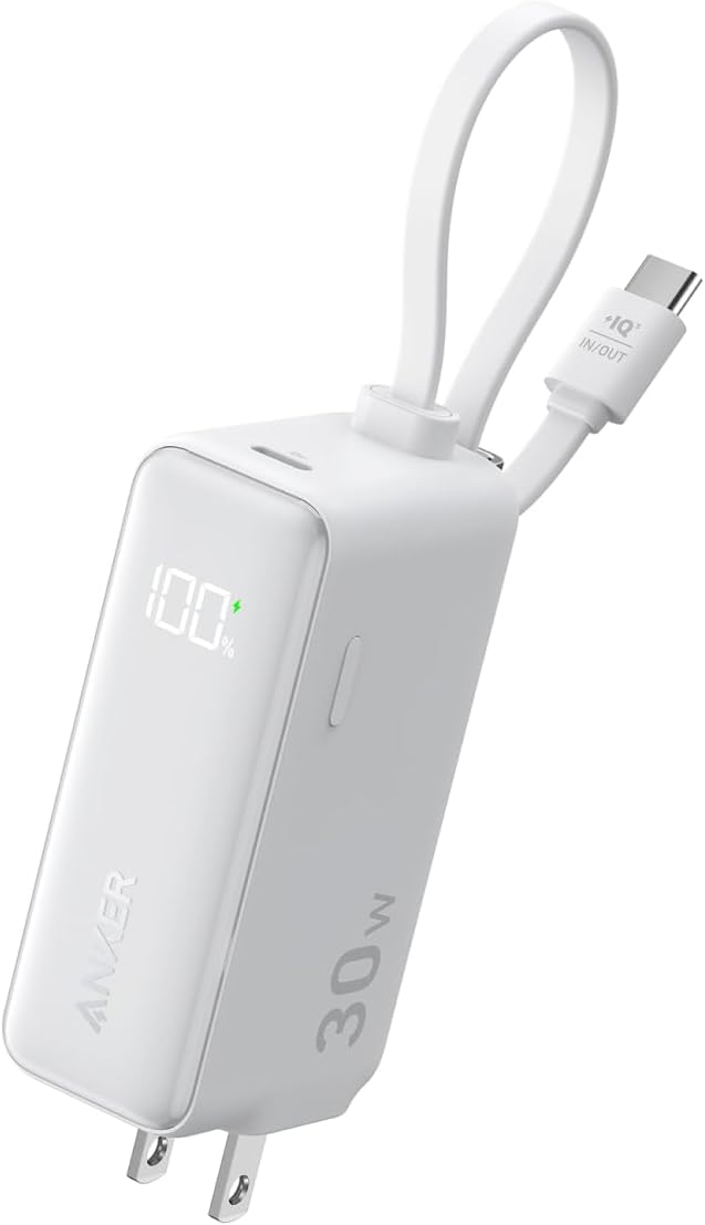 Anker Power Bank (30W, Fusion, Built-In USB-C ケーブル) ホワイト