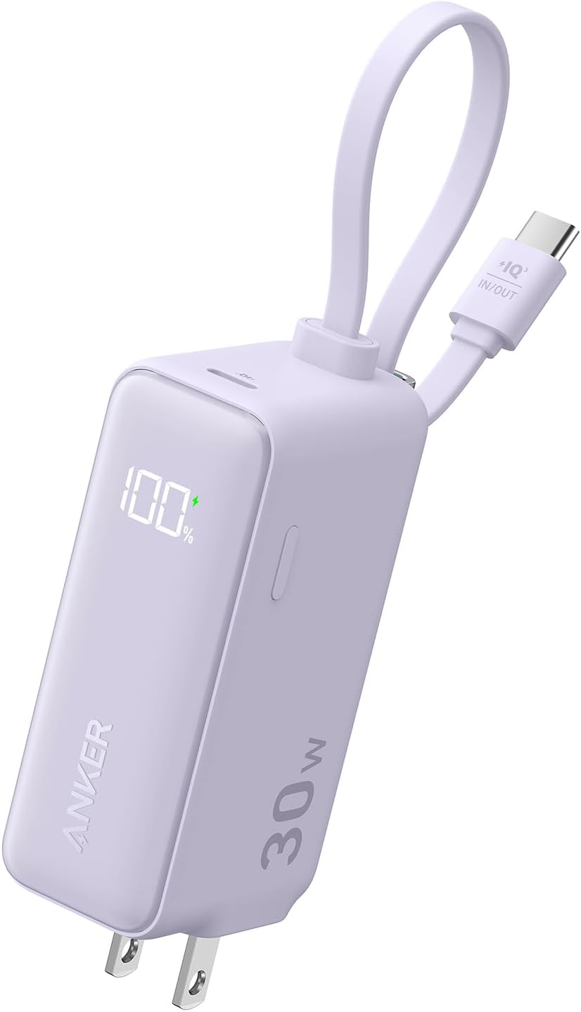 Anker Power Bank (30W, Fusion, Built-In USB-C ケーブル) パープル
