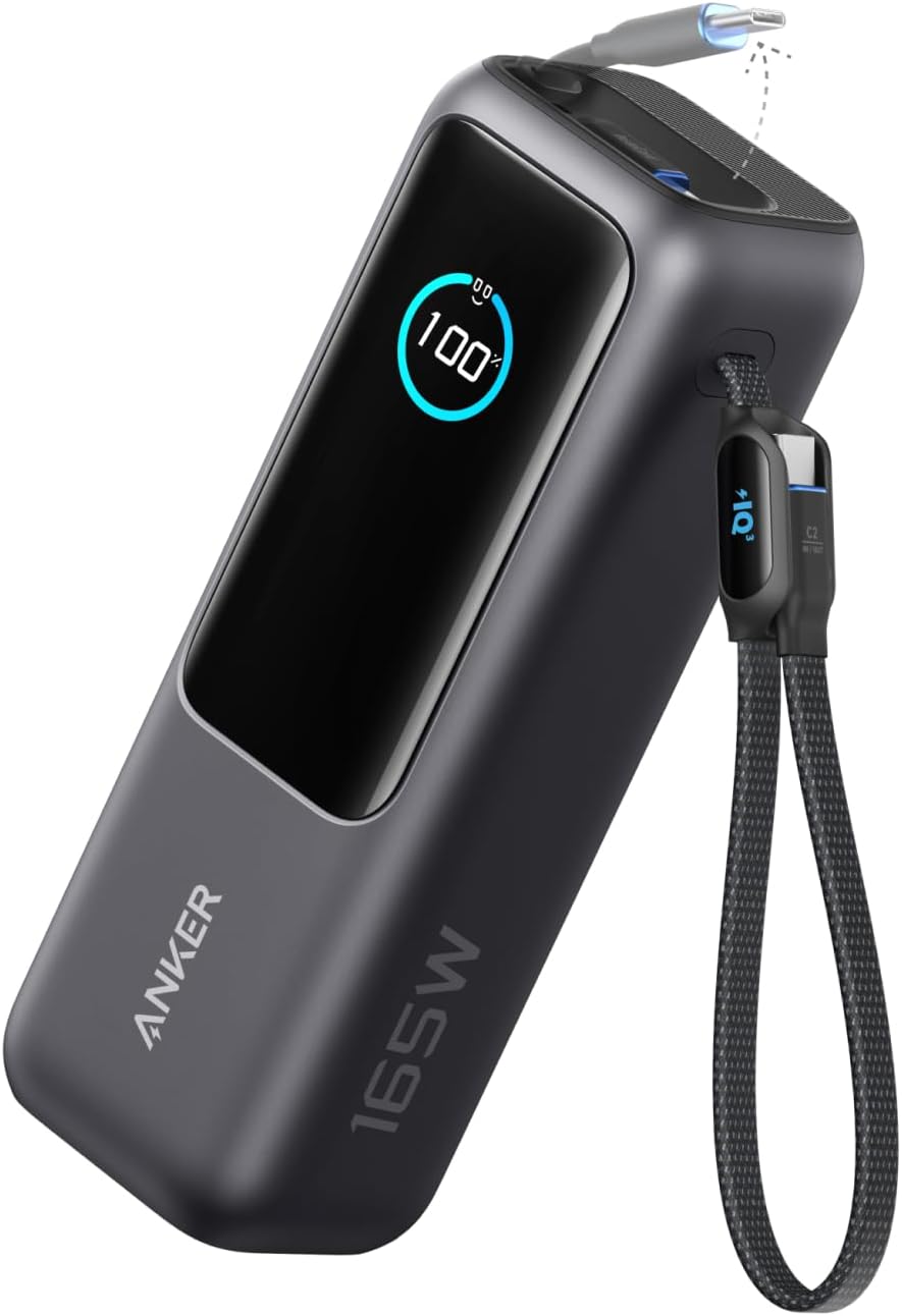 Anker Power Bank (25000mAh, Built-In & 巻取り式USB-Cケーブル) ブラック