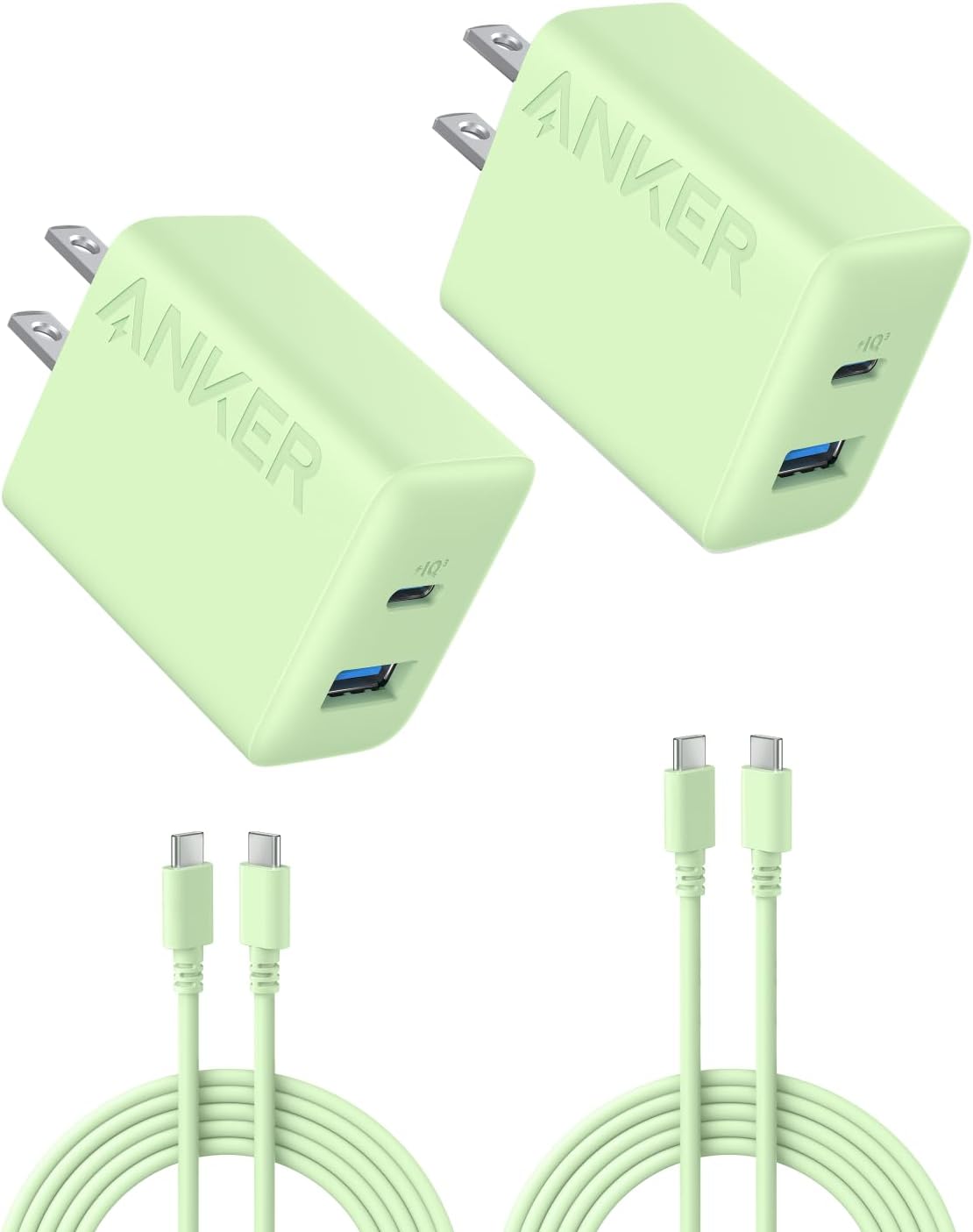 Anker Charger (20W, 2-Port) with USB-C & USB-C ケーブル ライムグリーン 2個セット
