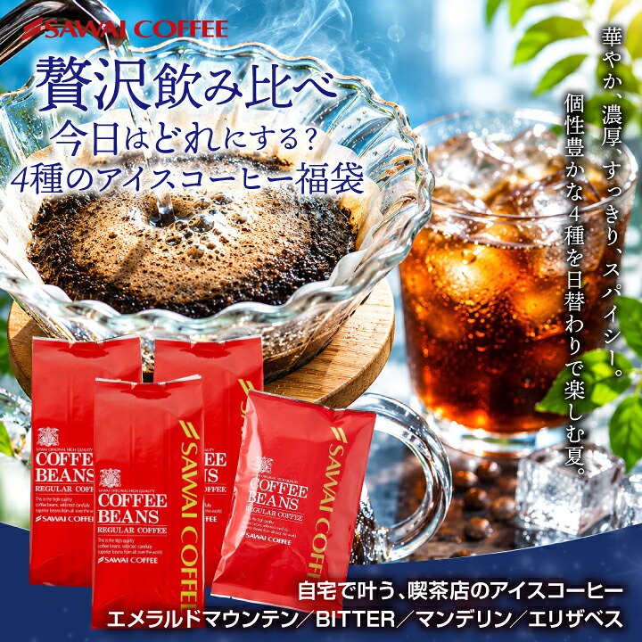澤井珈琲 華やか・濃厚・すっきり。4種類の飲み比べアイス専用 アイスコーヒーセット アイスブレンド マンデリン エリザベス エメラルド 中細挽き