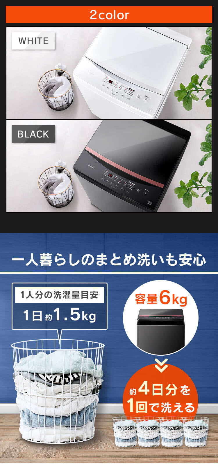 アイリスオーヤマ 全自動洗濯機 6.0kg IAW-T605BL-B ブラック｜永久